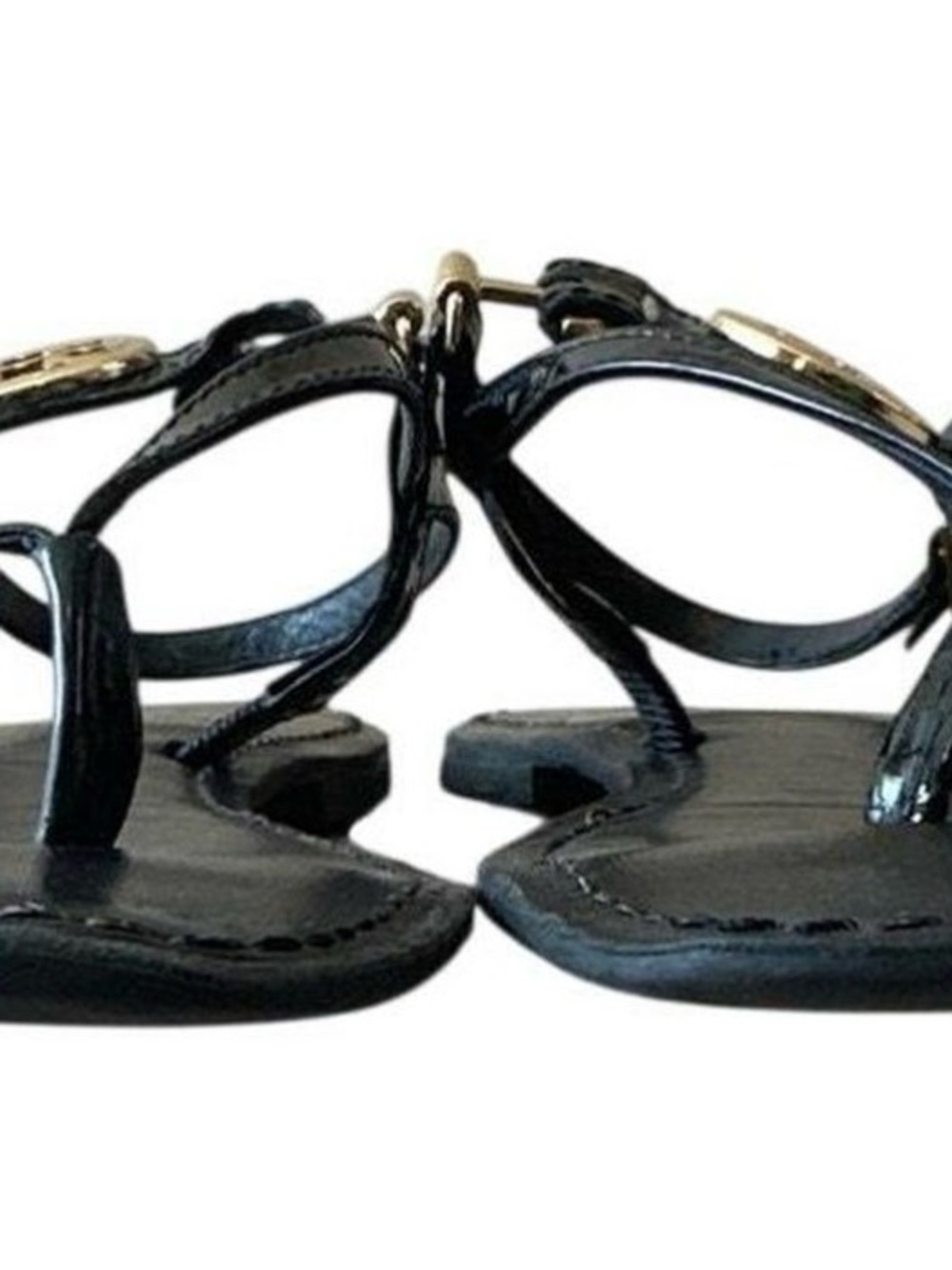 Tory Burch Black Patent Logo Thong Sandals with Gold Emblem - Picture 2 of 9